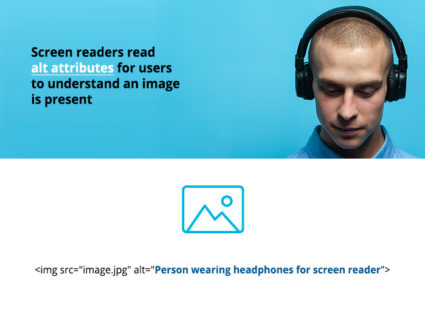image showing man with head phones using a screenreader that reads the alt attribute of images
