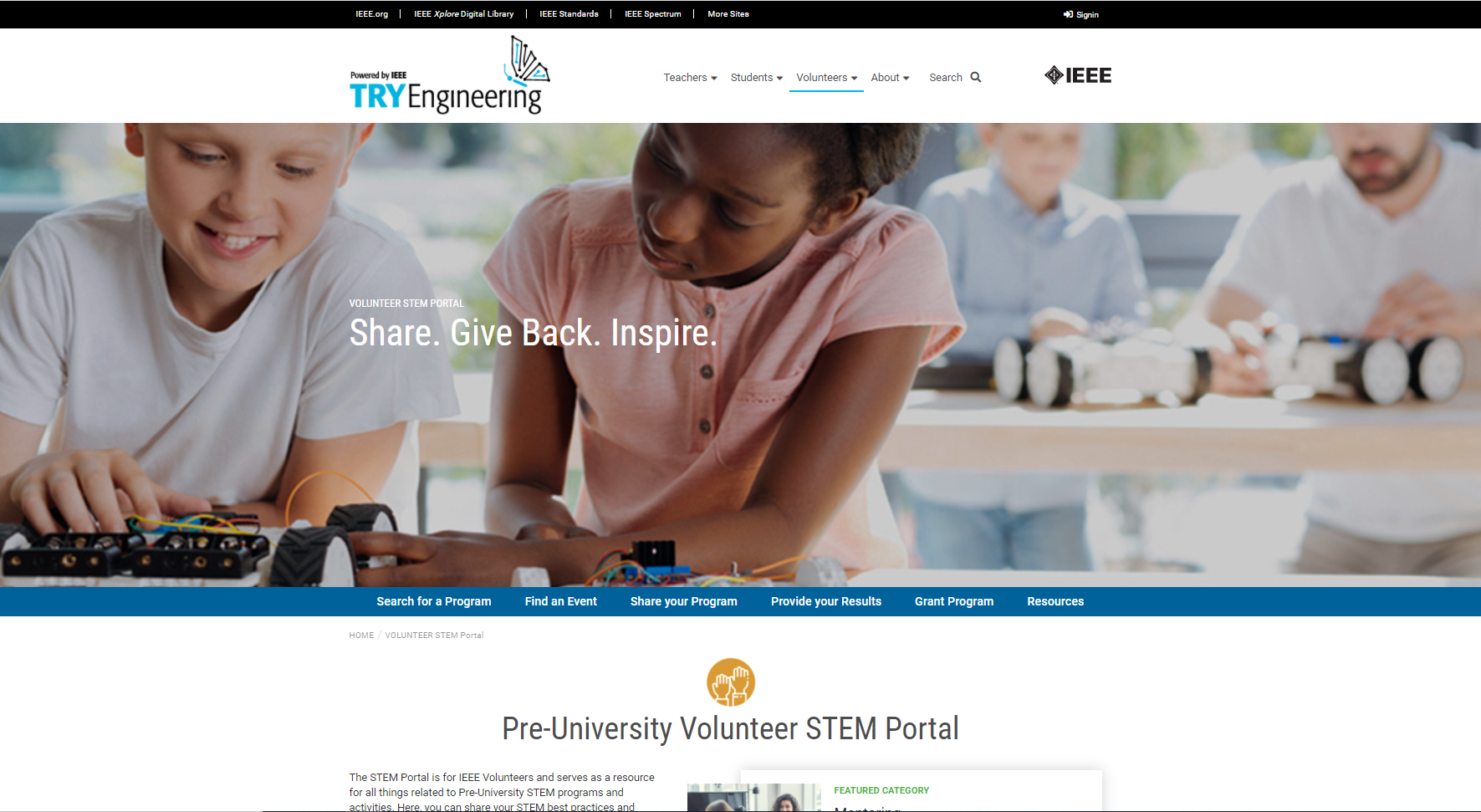 image showing home page of the pre-university volunteer STEM portal