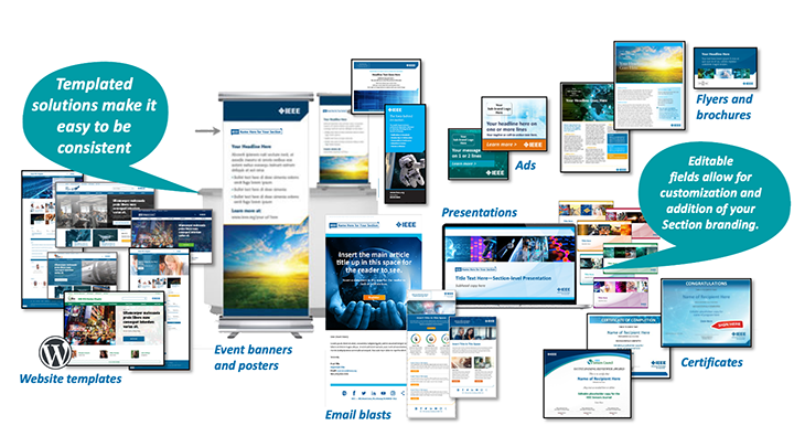 A collage of thumbnail images that represent the additional resources available to IEEE Sections such as editable presentations, events banners, posters, flyers, brochures, certificates, ads, email blasts, and the IEEE WordPress theme
